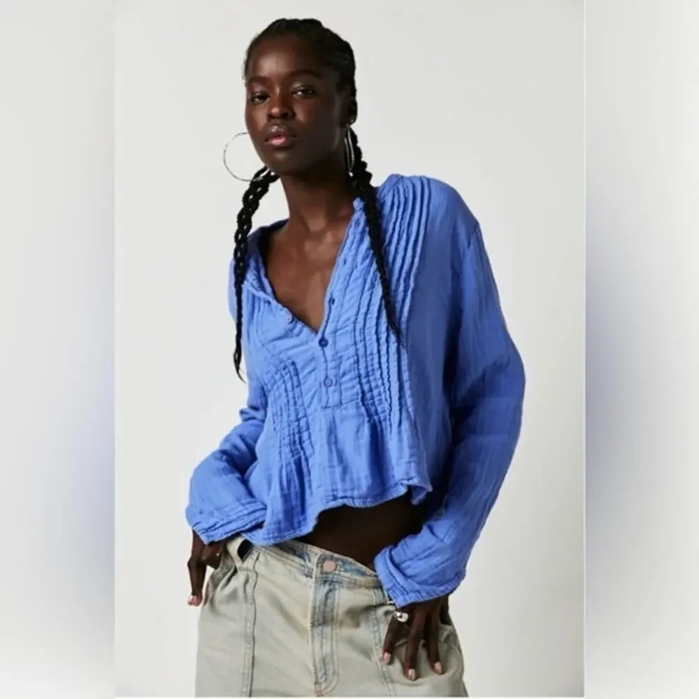 Free People x CP Shades Blue Gauzy Cottagecore Boho Blouse Top Size Small - Picture 1 of 5